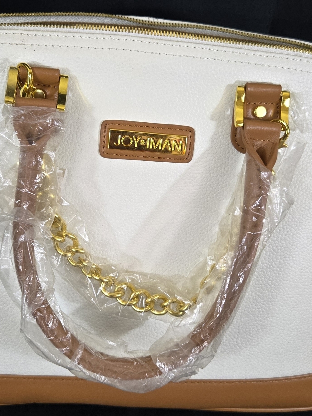 Cream and Tan Tote Bag with Gold Chain Detail